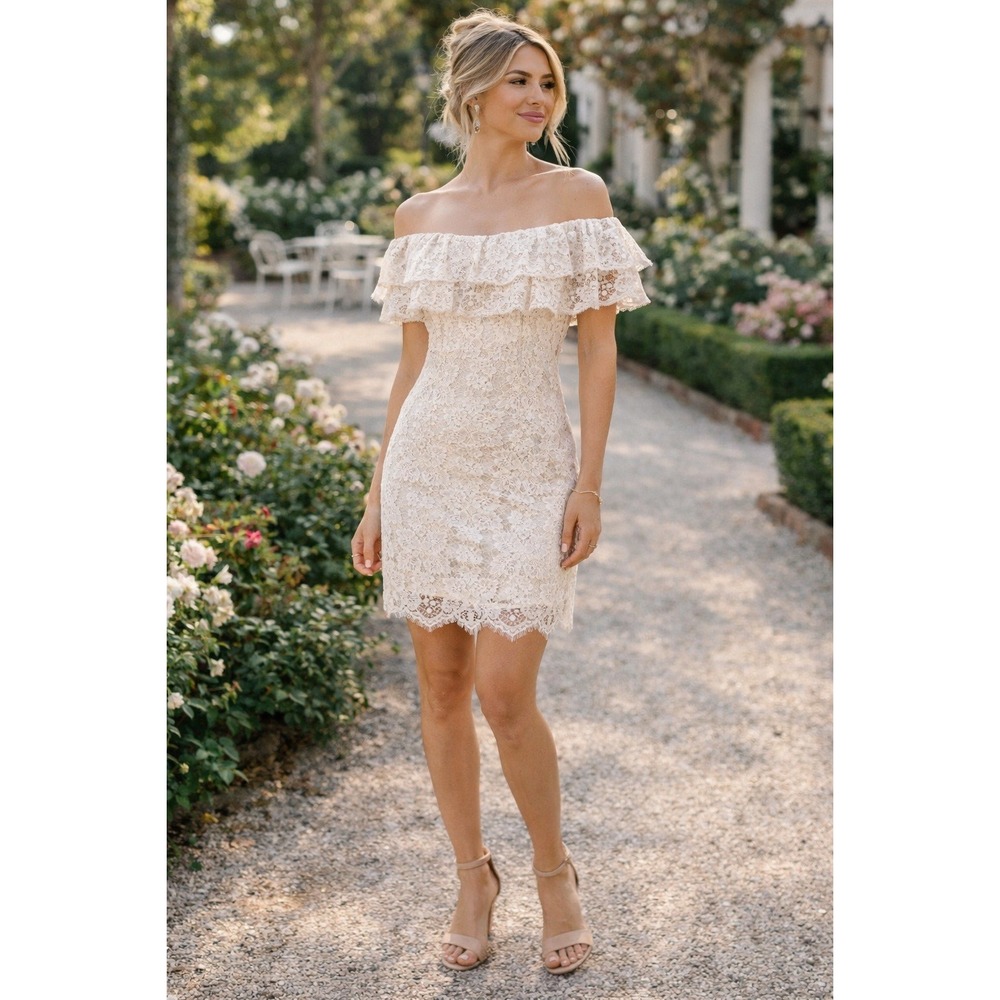 NWT WAYF Off‎ Shoulder Lace Mini Dress Ruffle Bridal Cocktail Cream S